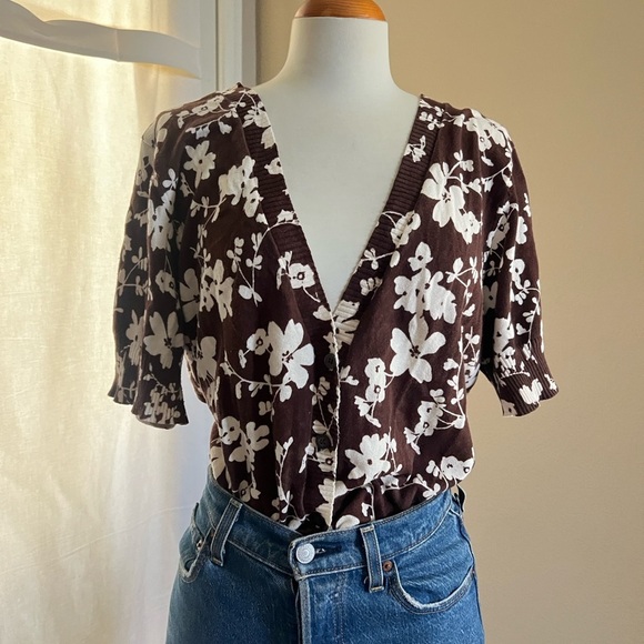 D&Co 100% Cotton Floral Button Front Short Sleeve Cardigan - Picture 1 of 7